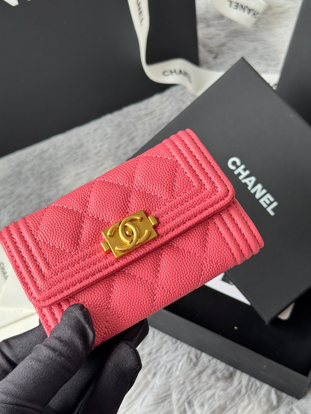 LEBOY WALLET 11 IN MANDY PINK GRAINED CALFSKIN GOLD-TONE HARDWARE