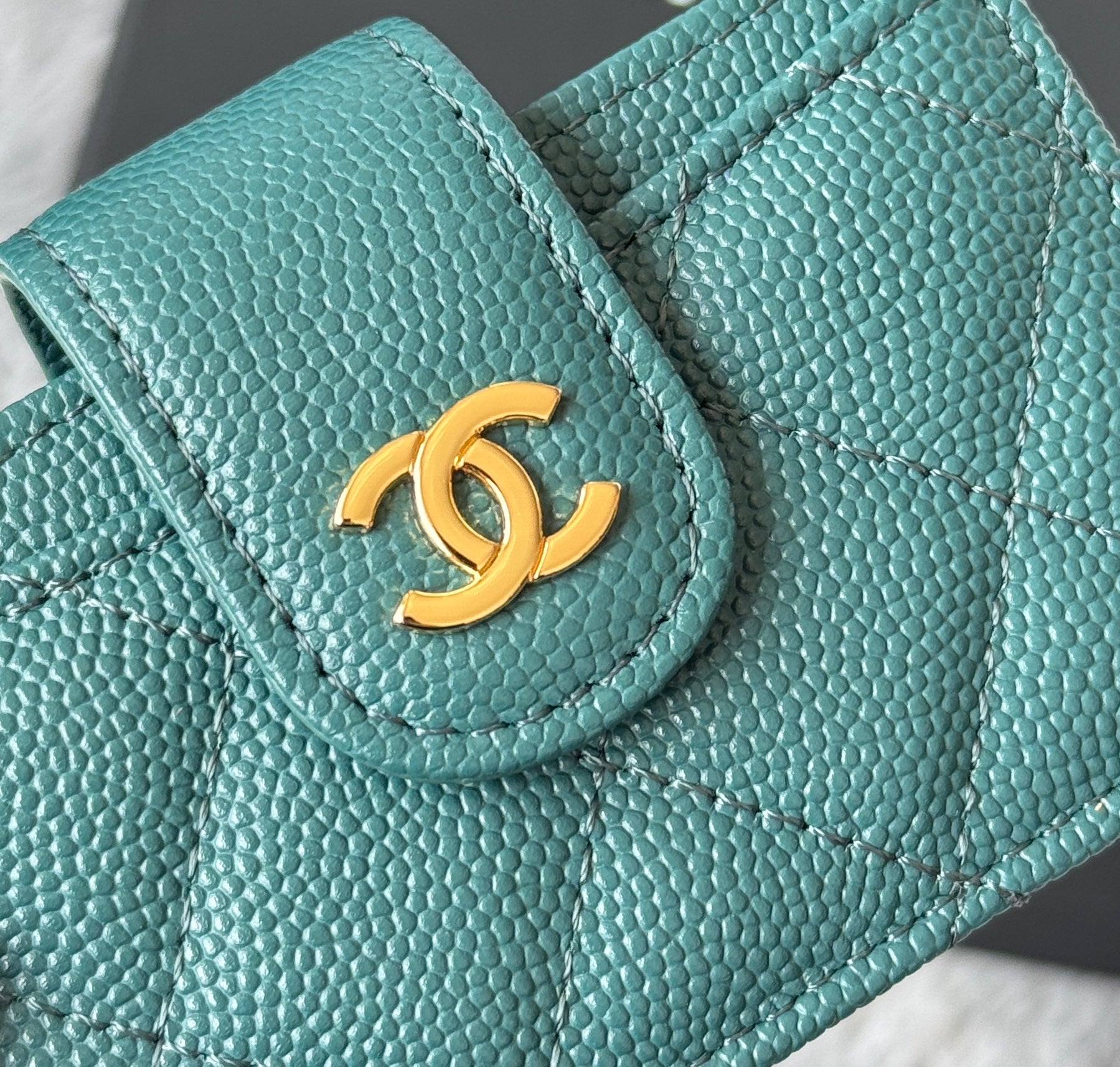 CARD HOLDER 10 CIRCLE CLASP IN NEPTUNE GREEN CAVIAR LEATHER GOLD-TONE METALLIC