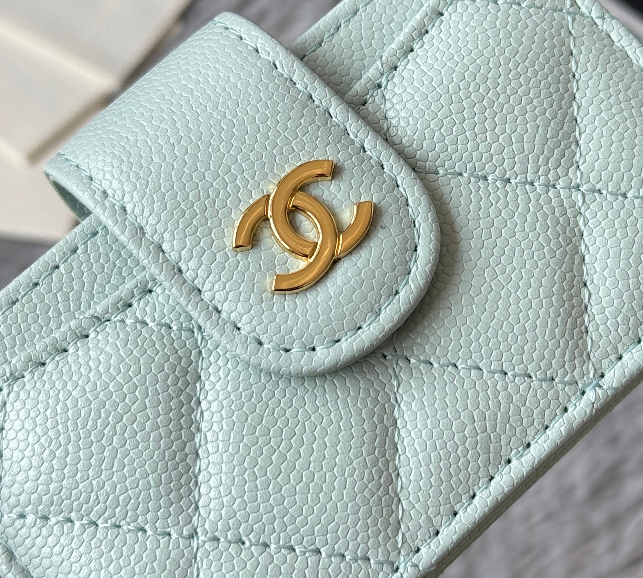 CARD HOLDER 10 CIRCLE CLASP IN BABY GREEN CAVIAR LEATHER GOLD-TONE METALLIC