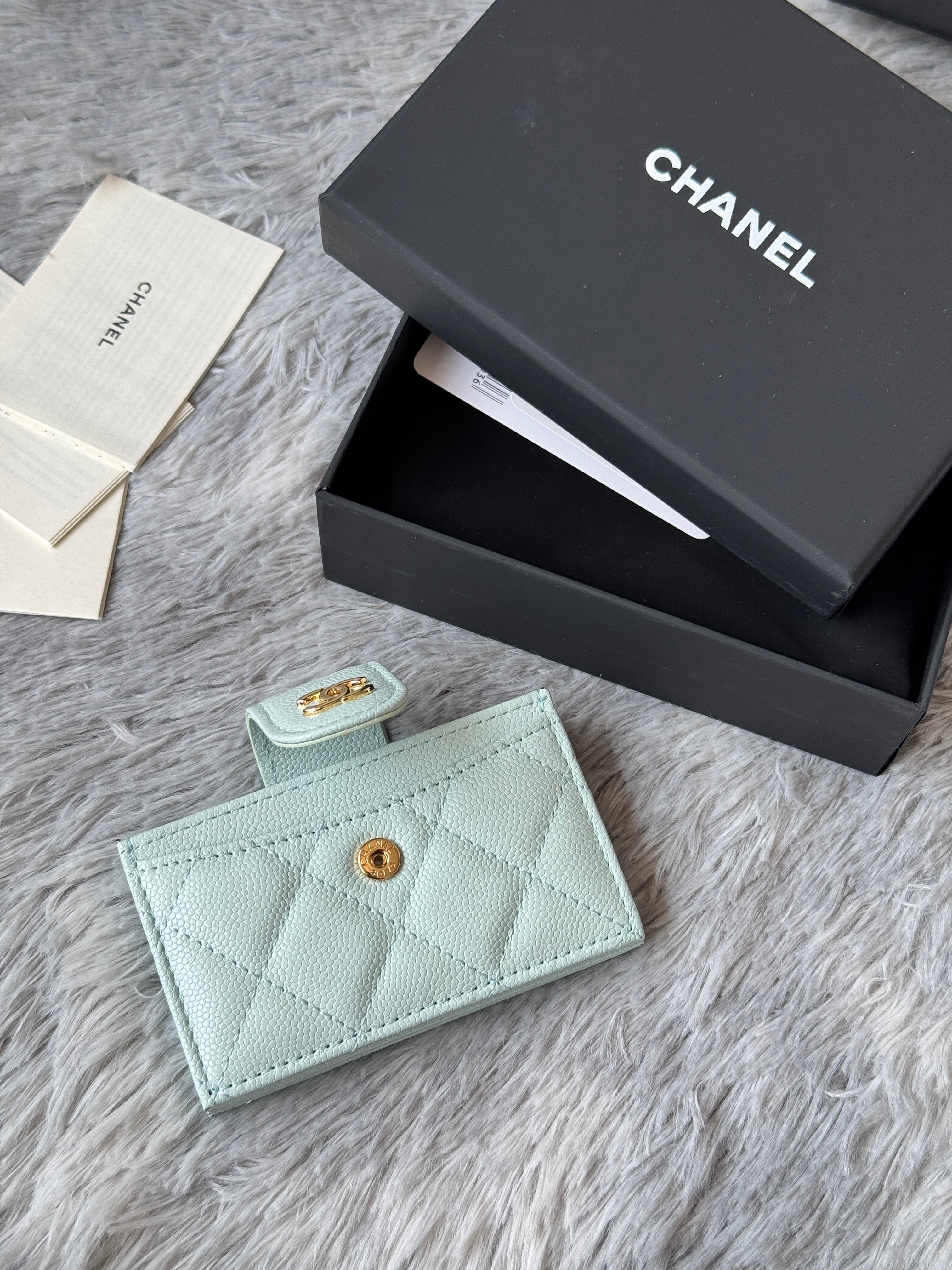 CARD HOLDER 10 CIRCLE CLASP IN BABY GREEN CAVIAR LEATHER GOLD-TONE METALLIC