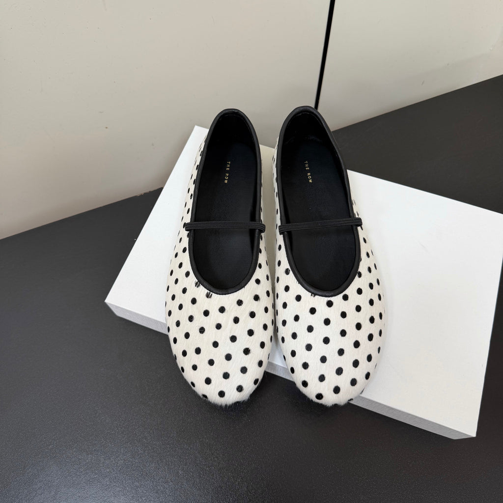 THE ROW 26S BALLET FLATS IN WHITE & BLACK MICRO POLKA DOT CALF HAIR CALFSKIN