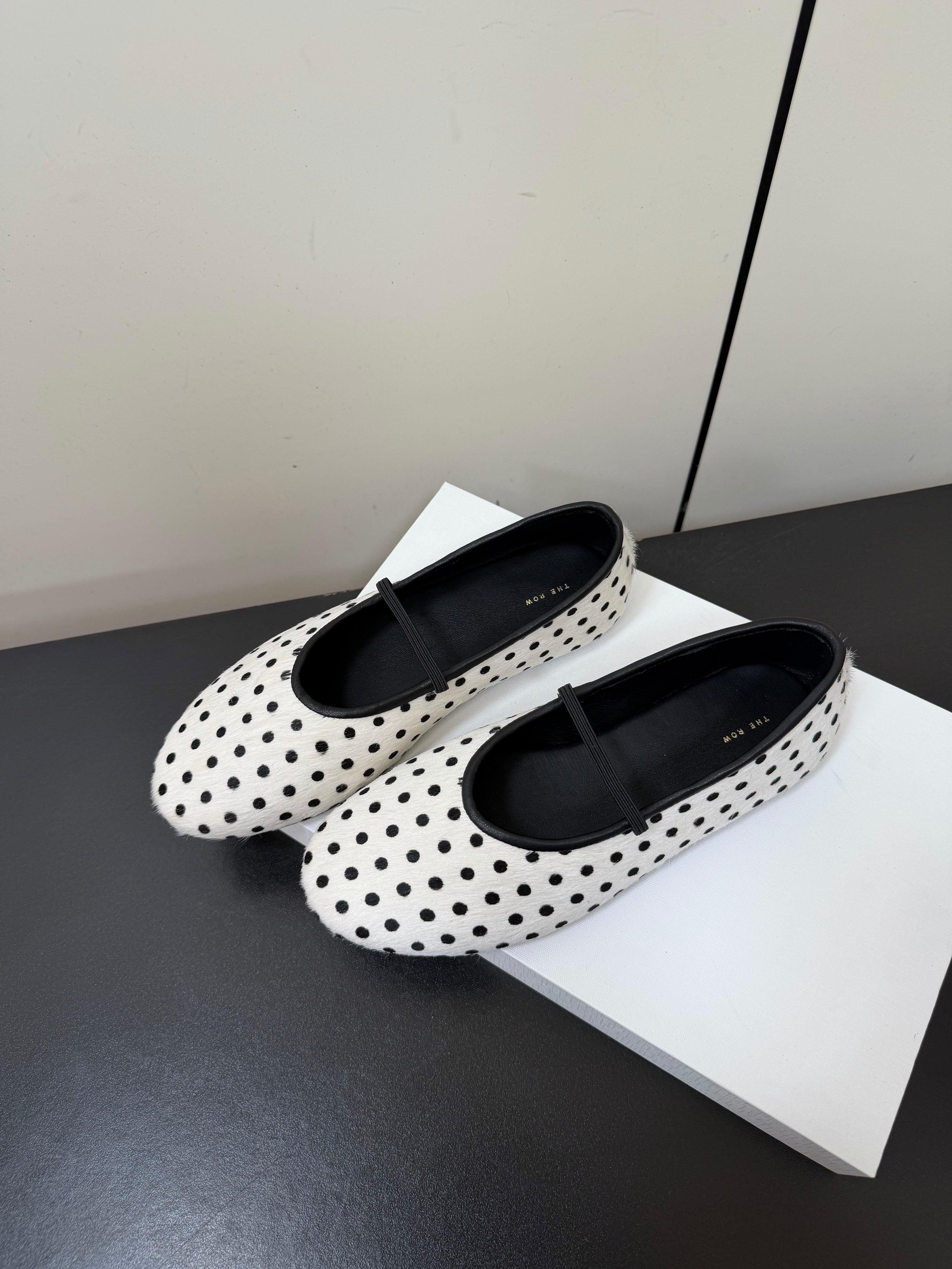 THE ROW 26S BALLET FLATS IN WHITE & BLACK MICRO POLKA DOT CALF HAIR CALFSKIN