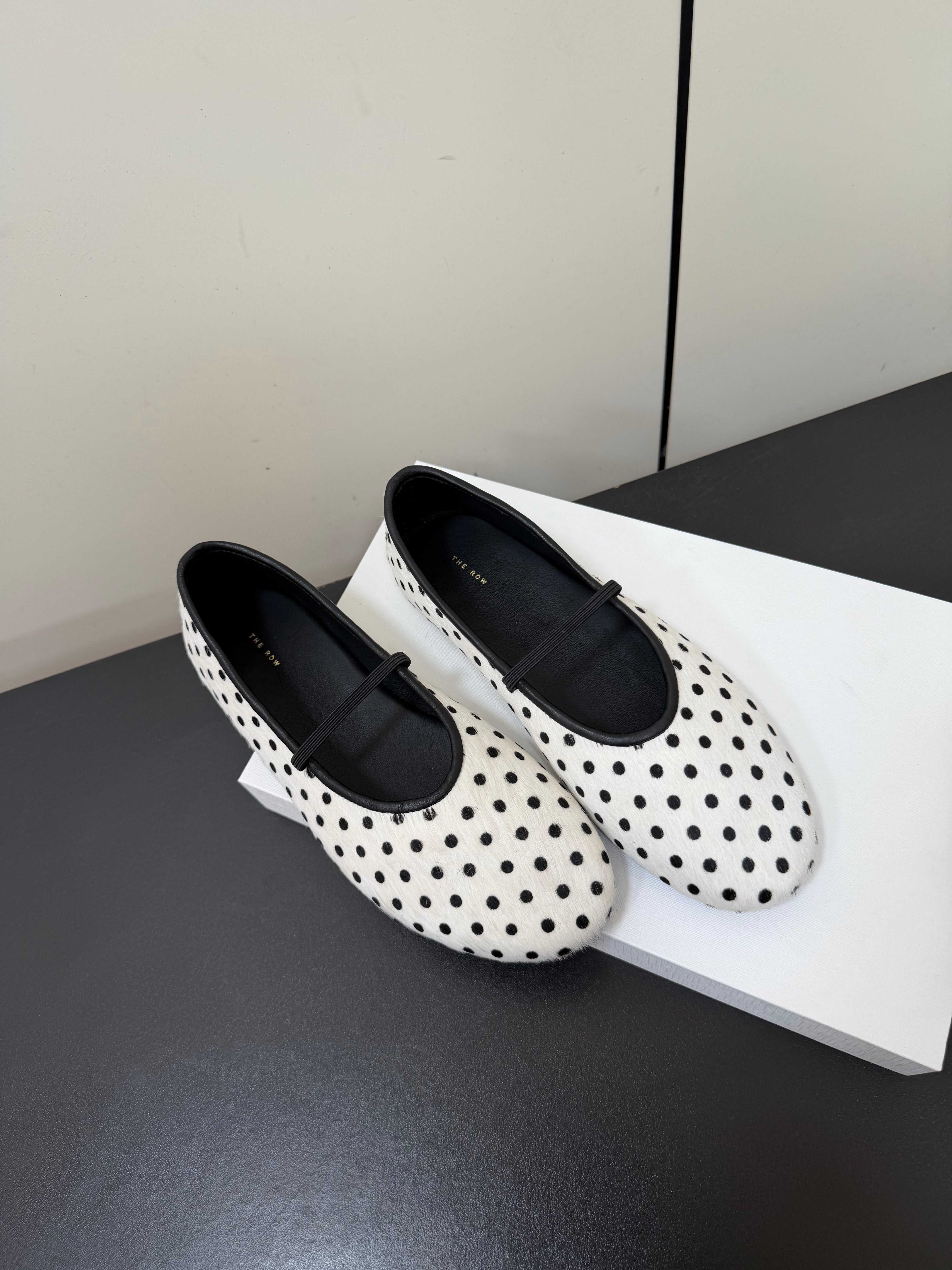 THE ROW 26S BALLET FLATS IN WHITE & BLACK MICRO POLKA DOT CALF HAIR CALFSKIN