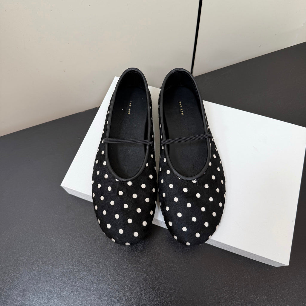 THE ROW 26S BALLET FLATS IN BLACK & WHITE MICRO POLKA DOT CALF HAIR CALFSKIN
