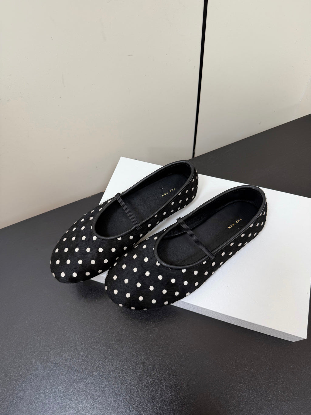 THE ROW 26S BALLET FLATS IN BLACK & WHITE MICRO POLKA DOT CALF HAIR CALFSKIN