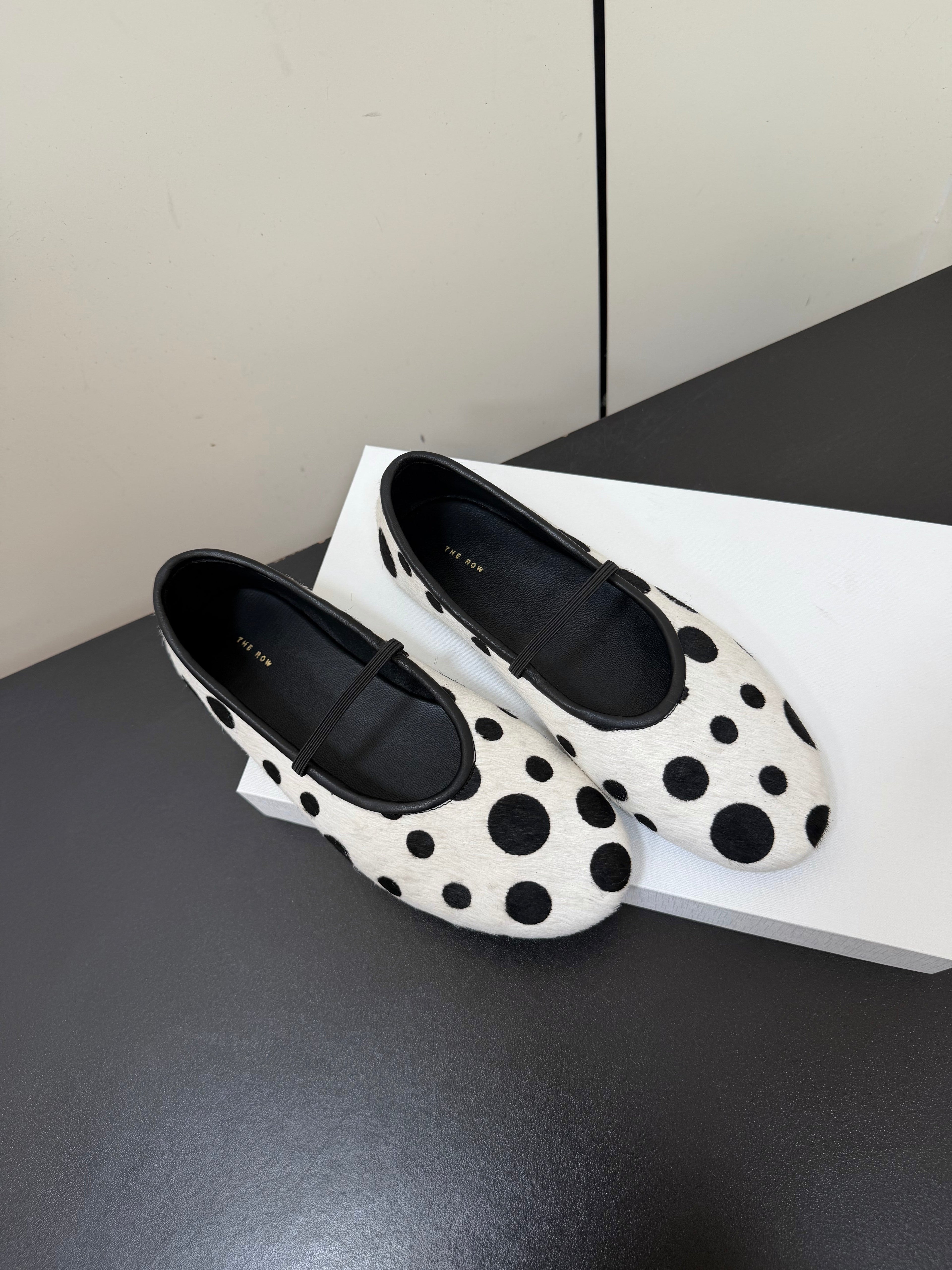 THE ROW 26S BALLET FLATS IN WHITE & BLACK POLKA DOT CALF HAIR CALFSKIN