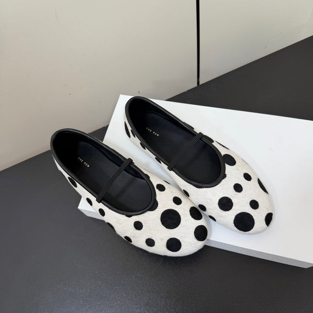 THE ROW 26S BALLET FLATS IN WHITE & BLACK POLKA DOT CALF HAIR CALFSKIN