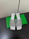 BOTTEGA VENETA 26S WOVEN STRAP HIGH-HEEL SANDALS 55 MM IN SILVER LAMBSKIN