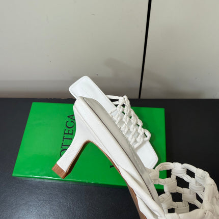 BOTTEGA VENETA 26S WOVEN STRAP HIGH-HEEL SANDALS 55 MM IN WHITE LAMBSKIN