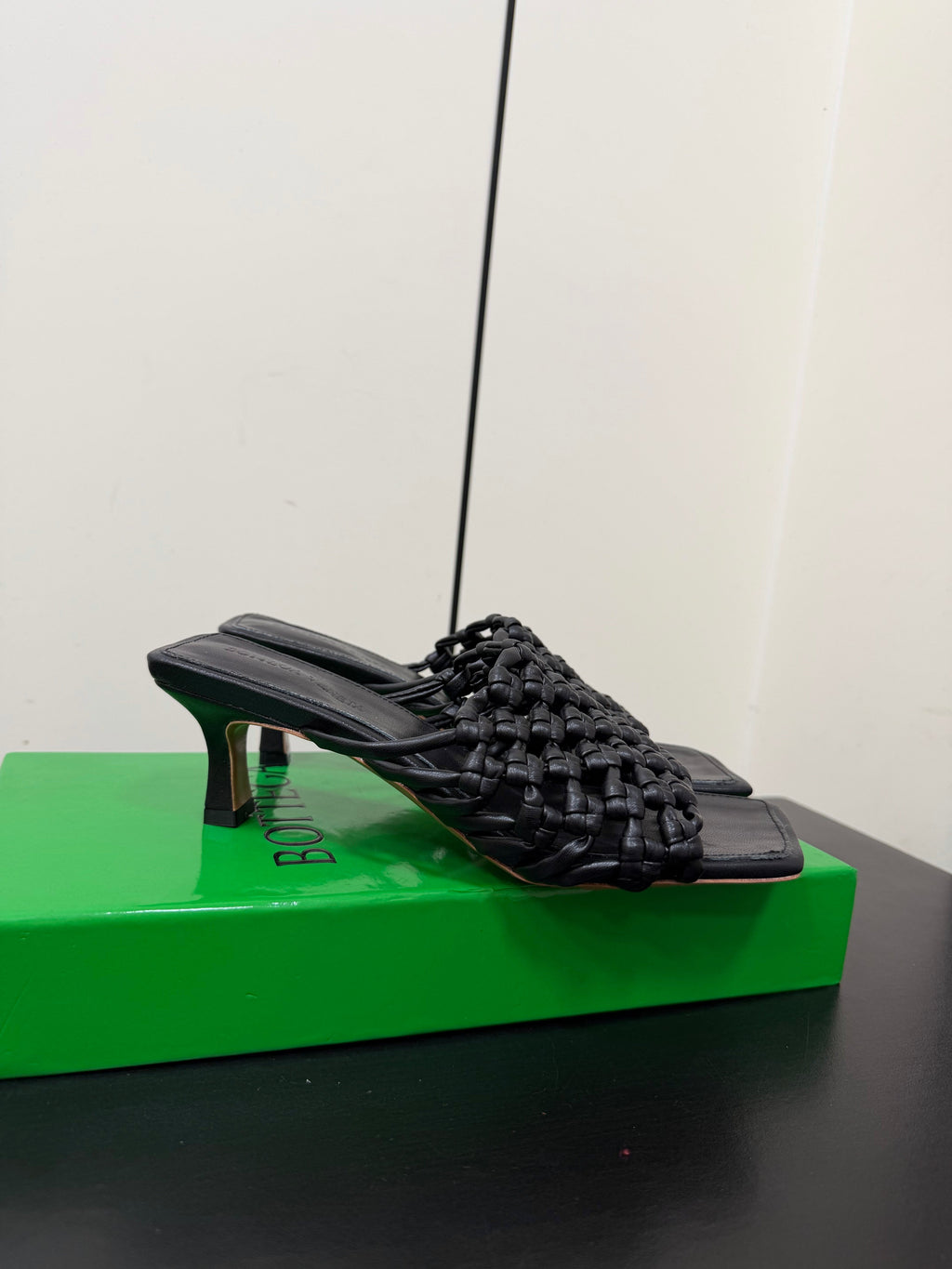 BOTTEGA VENETA 26S WOVEN STRAP HIGH-HEEL SANDALS 55 MM IN BLACK LAMBSKIN