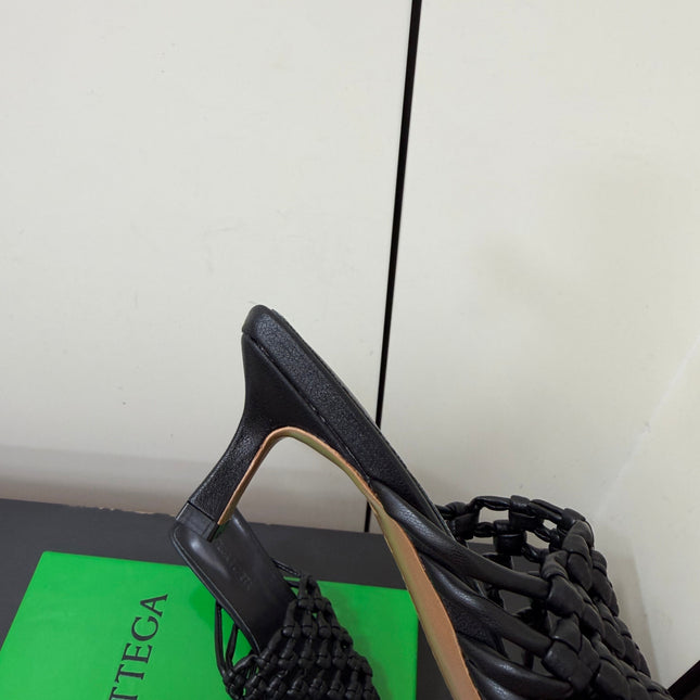 BOTTEGA VENETA 26S WOVEN STRAP HIGH-HEEL SANDALS 55 MM IN BLACK LAMBSKIN