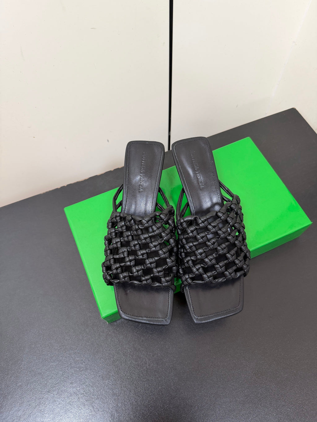 BOTTEGA VENETA 26S WOVEN STRAP HIGH-HEEL SANDALS 55 MM IN BLACK LAMBSKIN