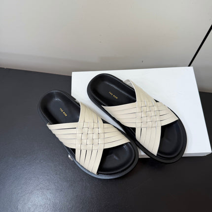 THE ROW 26S CROSS STRAP SANDALS IN IVORY WHITE CALFSKIN