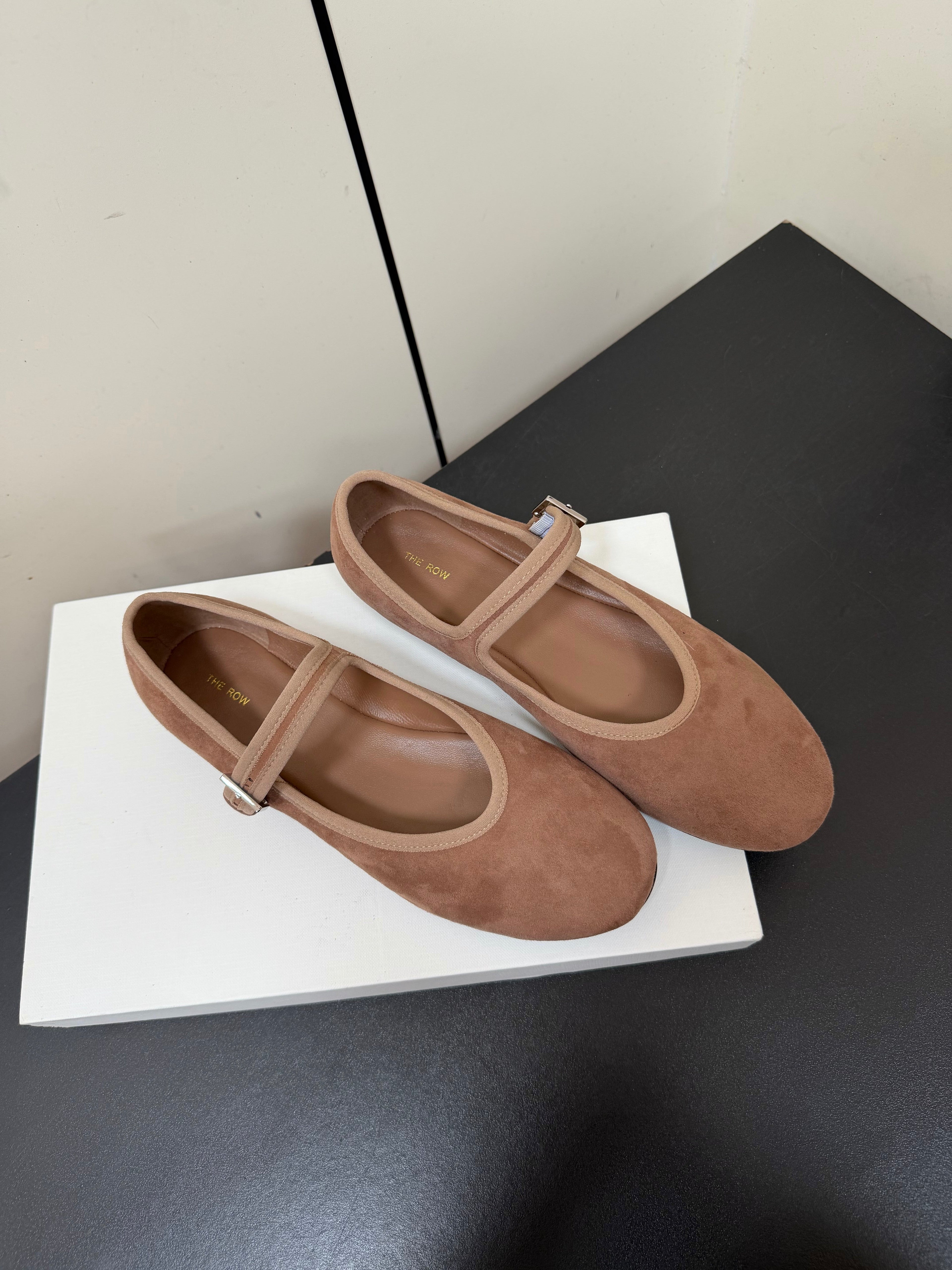 THE ROW 26S MARY JANE BALLET FLATS IN BROWN SUEDE WITH SILVER HARDWARE
