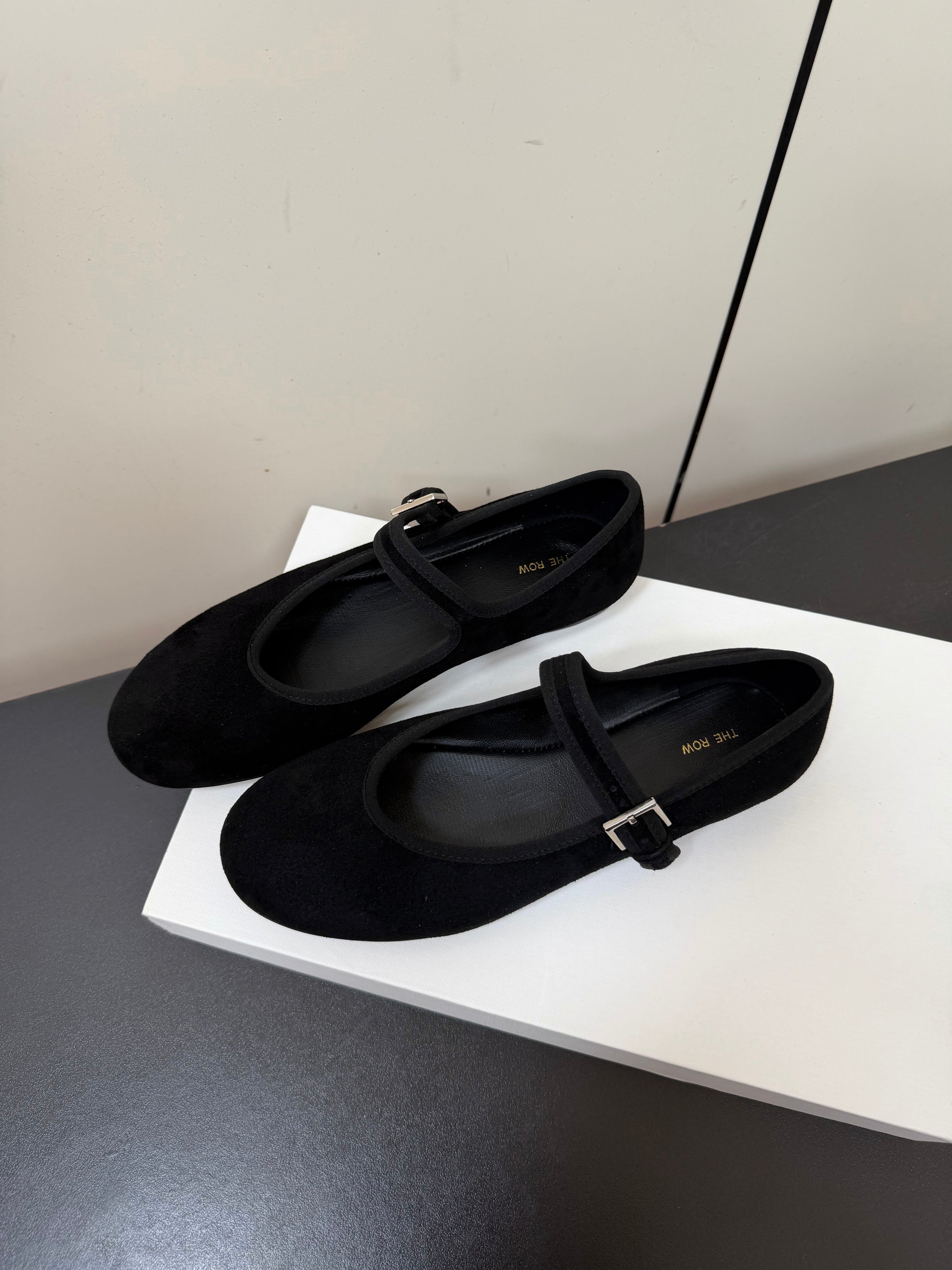 THE ROW 26S MARY JANE BALLET FLATS IN BLACK SUEDE WITH SILVER HARDWARE