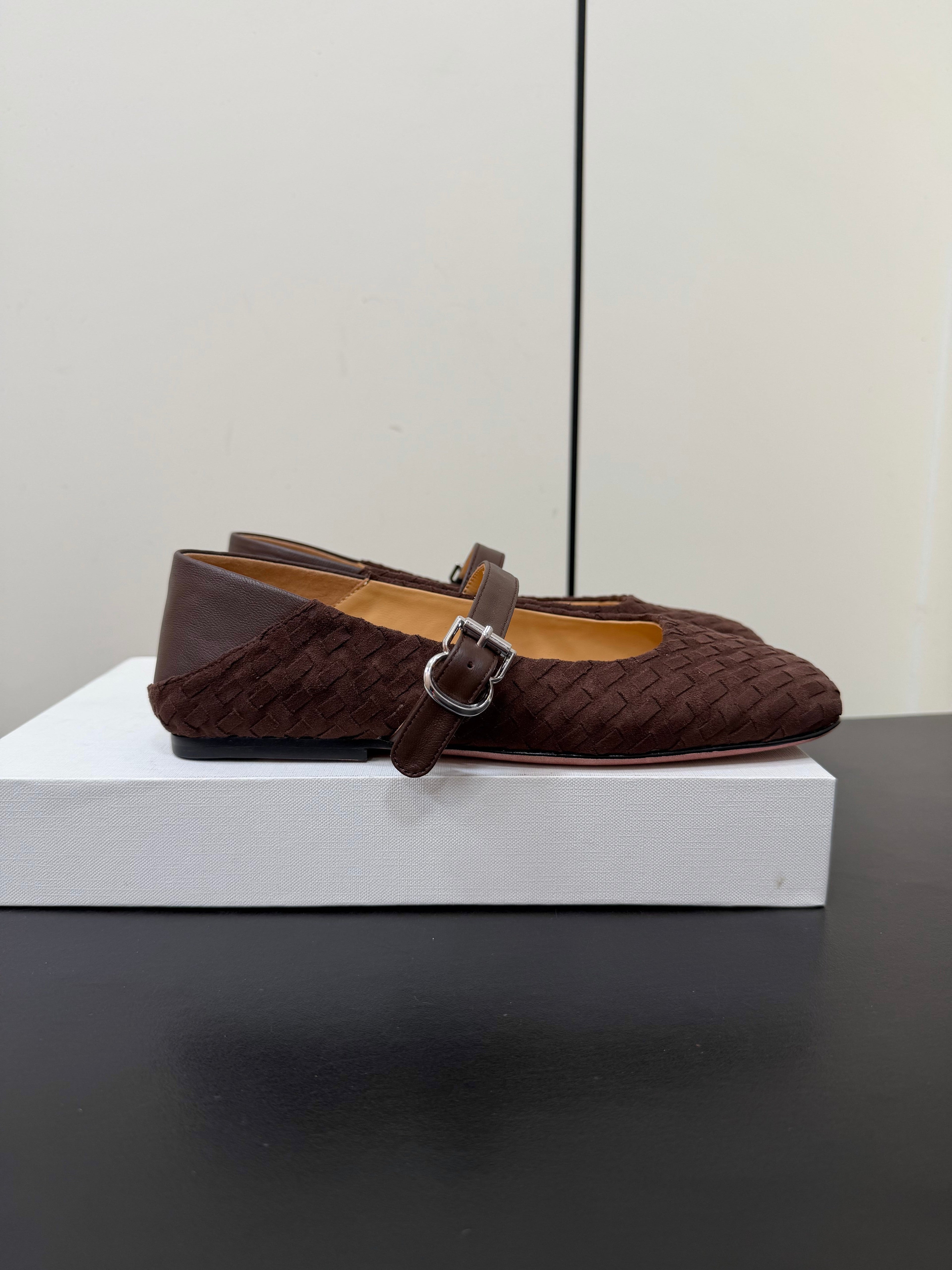 THE ROW 26S MARY JANE BALLET FLATS IN DARK BROWN SUEDE AND CALFSKIN