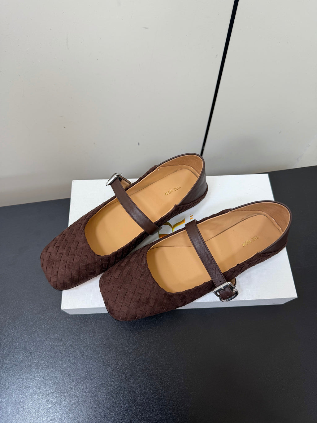 THE ROW 26S MARY JANE BALLET FLATS IN DARK BROWN SUEDE AND CALFSKIN