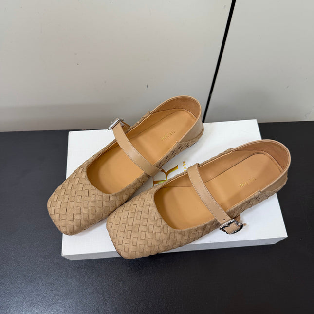 THE ROW 26S MARY JANE BALLET FLATS IN BEIGE SUEDE AND CALFSKIN