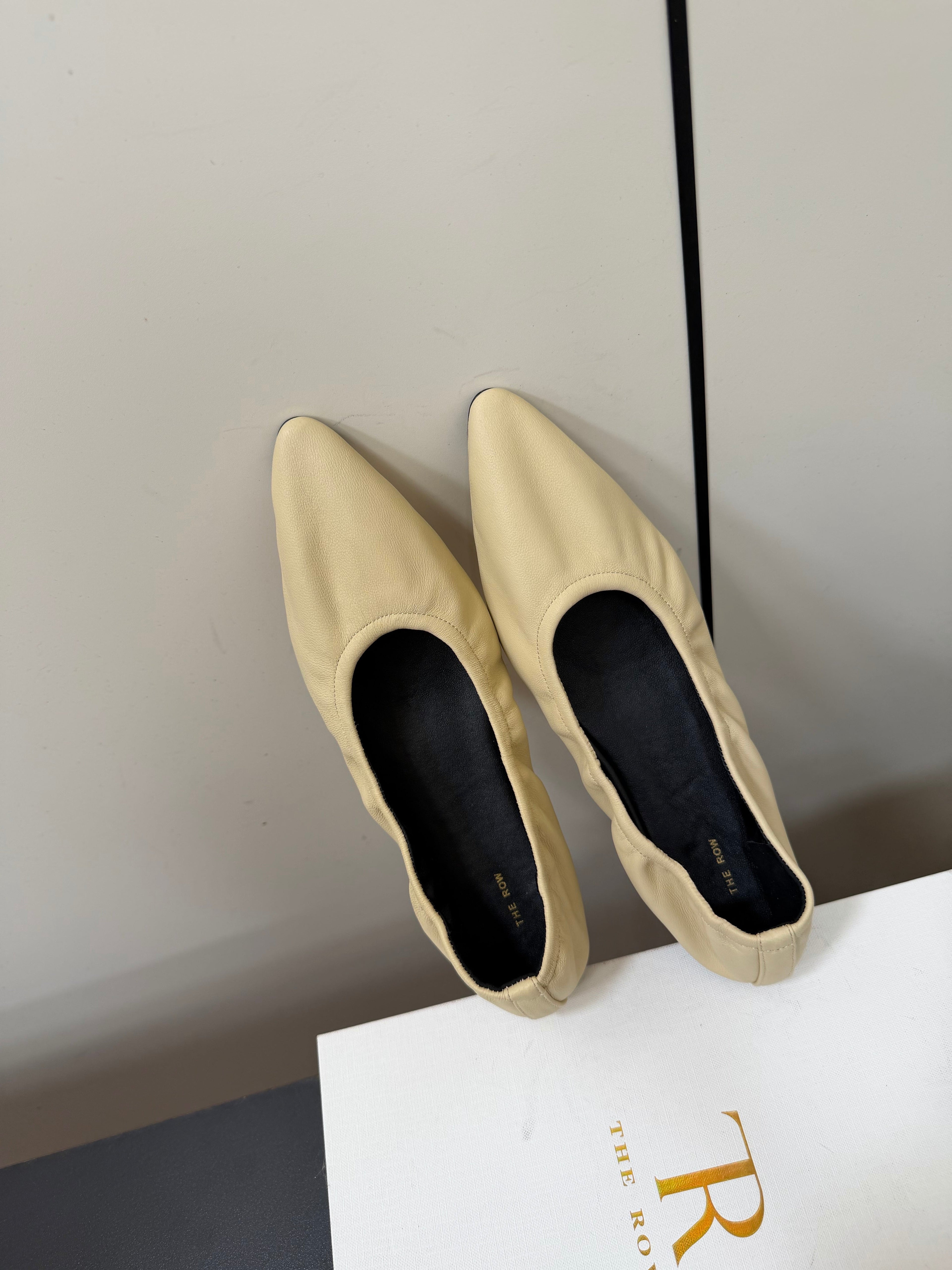 THE ROW 26S POINTED TOE BALLET FLATS IN BUTTER BEIGE LAMBSKIN