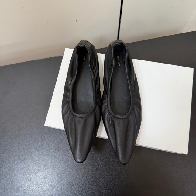 THE ROW 26S POINTED TOE BALLET FLATS IN BLACK LAMBSKIN
