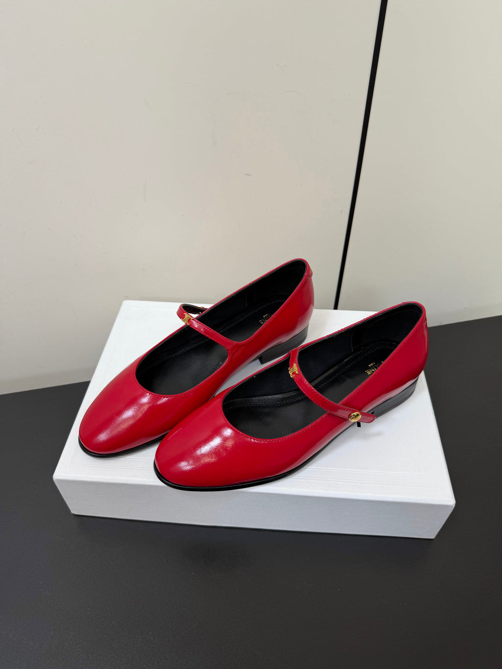 CELINE 26S MARY JANE FLATS IN DARK RED GLOSSY CALFSKIN GOLD HARDWARE