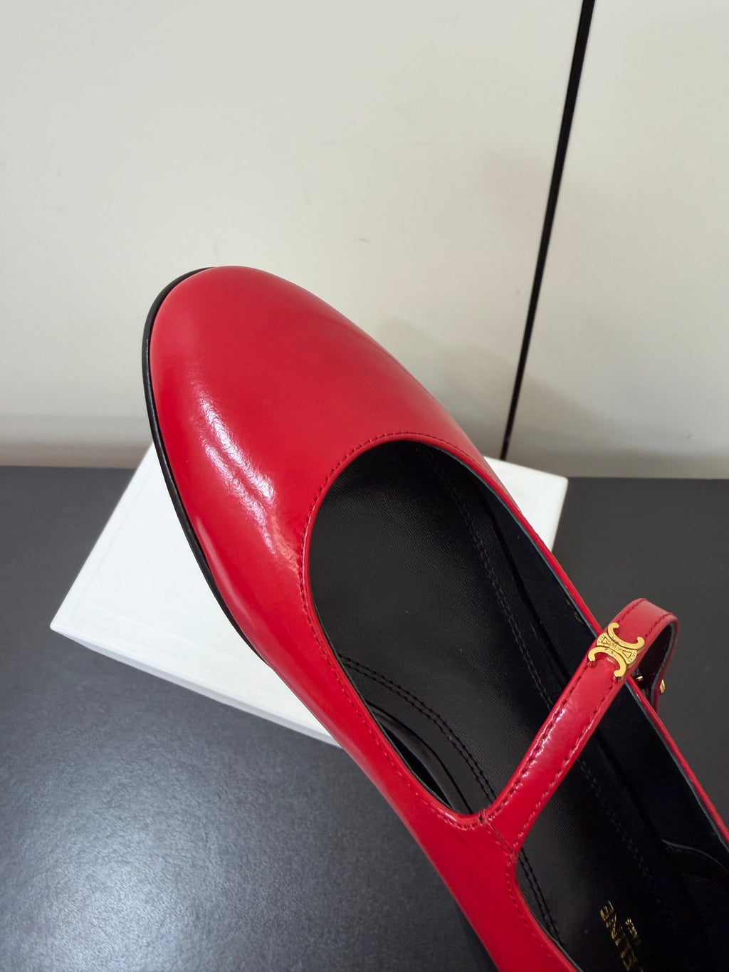 CELINE 26S MARY JANE FLATS IN DARK RED GLOSSY CALFSKIN GOLD HARDWARE