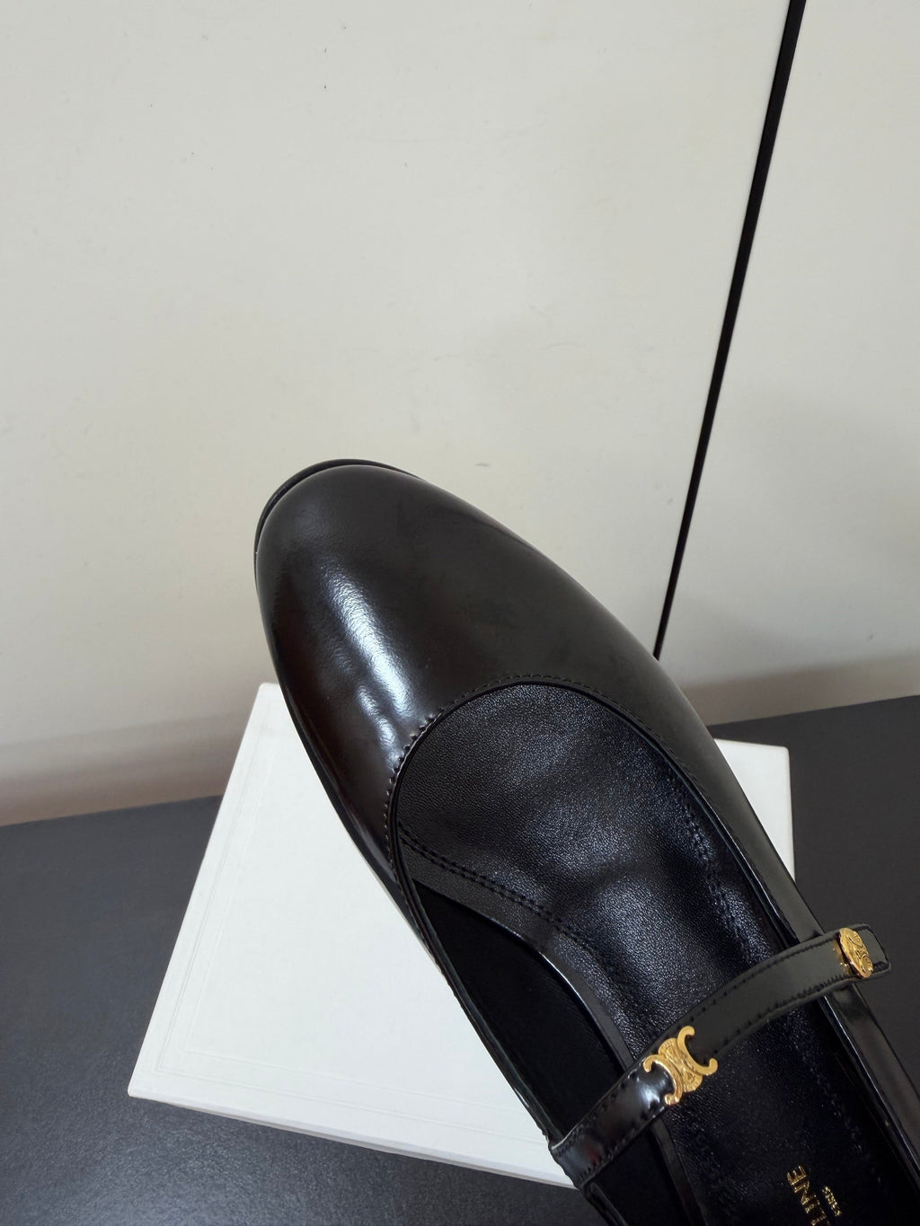 CELINE 26S MARY JANE FLATS IN BLACK GLOSSY CALFSKIN GOLD HARDWARE