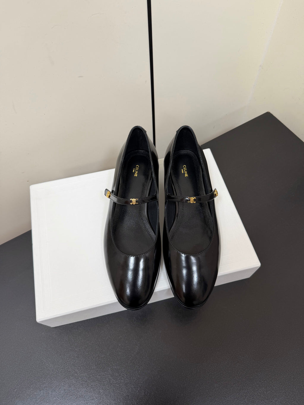CELINE 26S MARY JANE FLATS IN BLACK GLOSSY CALFSKIN GOLD HARDWARE