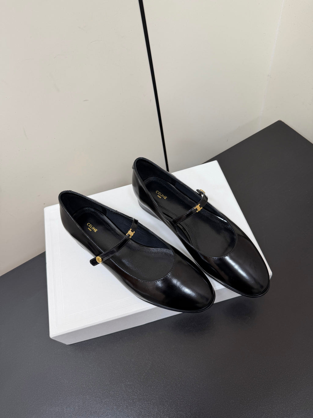 CELINE 26S MARY JANE FLATS IN BLACK GLOSSY CALFSKIN GOLD HARDWARE