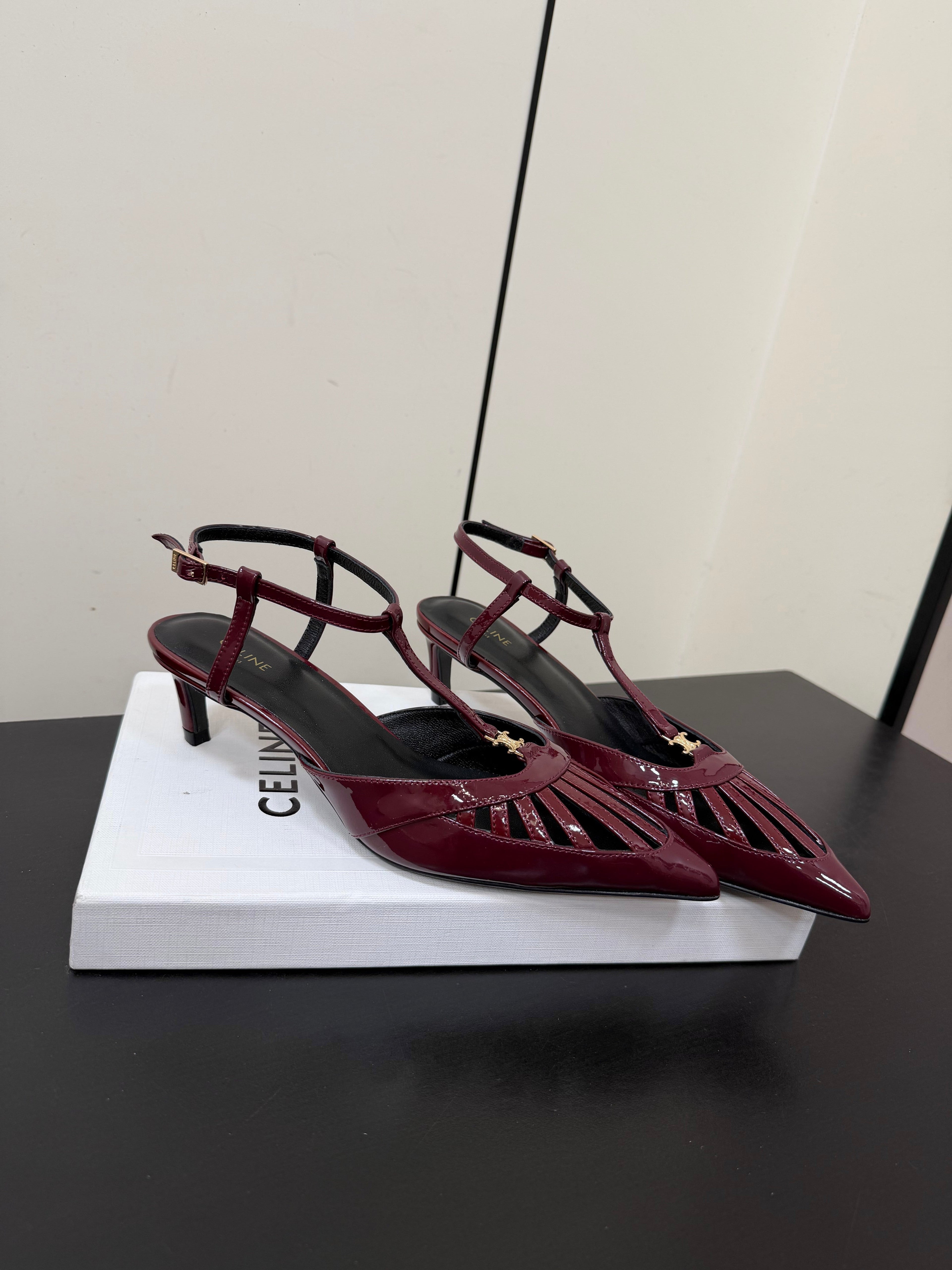 CELINE 26S TRIOMPHE T-STRAP SLINGBACK PUMPS IN BURGUNDY RED PATENT CALFSKIN