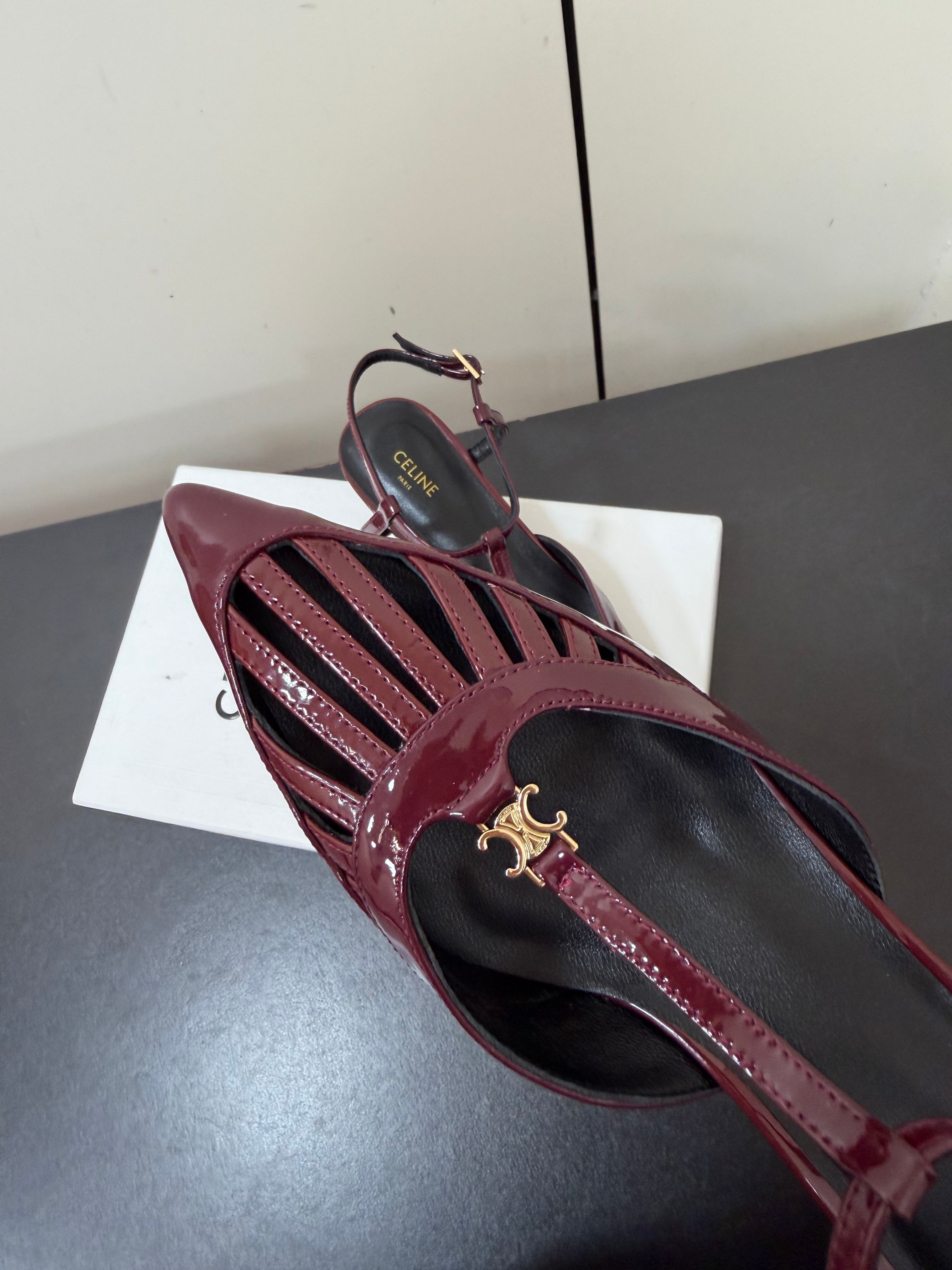 CELINE 26S TRIOMPHE T-STRAP SLINGBACK PUMPS IN BURGUNDY RED PATENT CALFSKIN