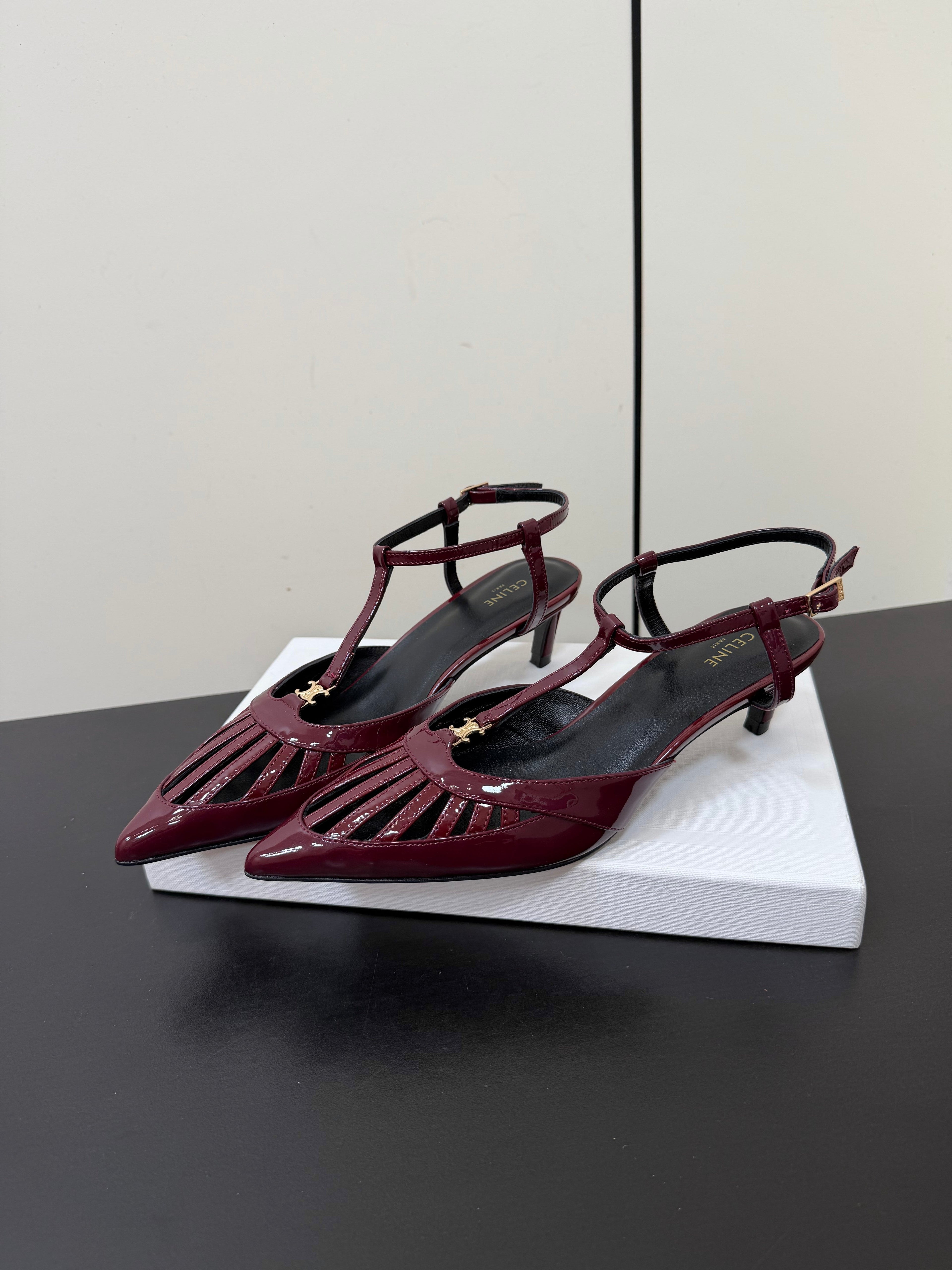 CELINE 26S TRIOMPHE T-STRAP SLINGBACK PUMPS IN BURGUNDY RED PATENT CALFSKIN