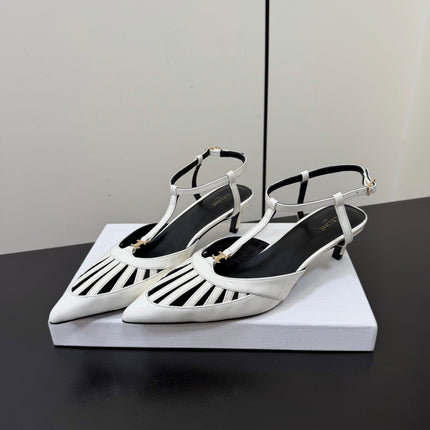 CELINE 26S TRIOMPHE T-STRAP SLINGBACK PUMPS IN WHITE PATENT CALFSKIN