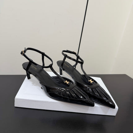 CELINE 26S TRIOMPHE T-STRAP SLINGBACK PUMPS IN BLACK PATENT CALFSKIN