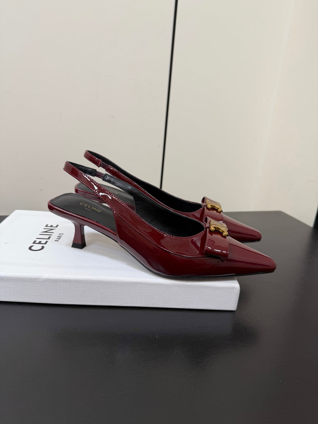 CELINE 26S TRIOMPHE SLINGBACK PUMPS IN BURGUNDY RED PATENT CALFSKIN GOLD HARDWARE