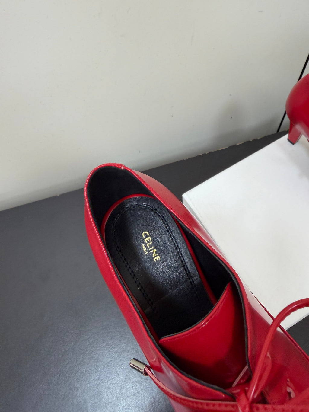 CELINE 26S LACE UP POINTED TOE PUMPS IN DARK RED PATENT CALFSKIN