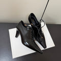 CELINE 26S LACE UP POINTED TOE PUMPS IN BLACK PATENT CALFSKIN