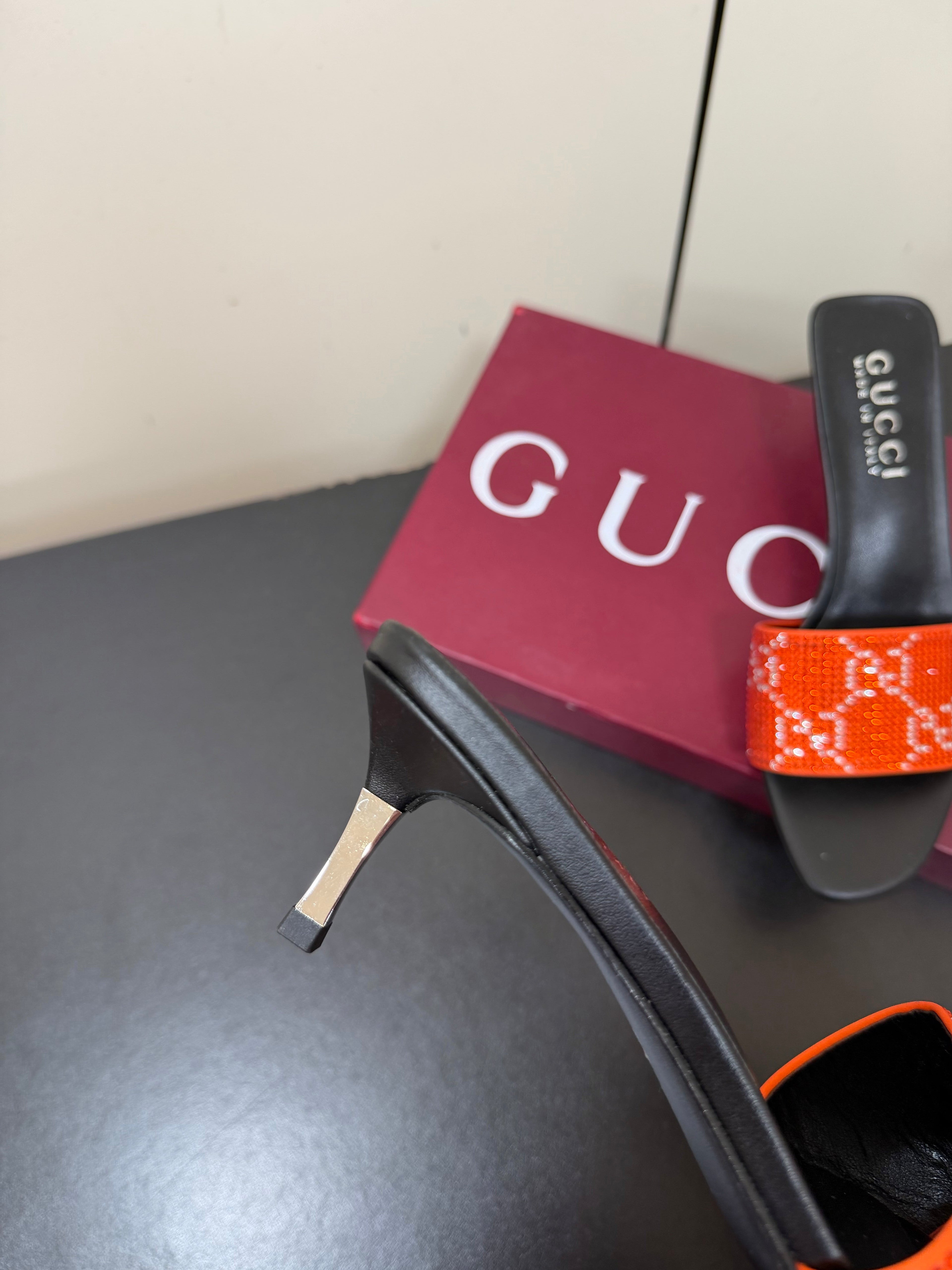 GUCCI 26S MULE SANDALS 55MM IN ORANGE SATIN CRYSTAL GG