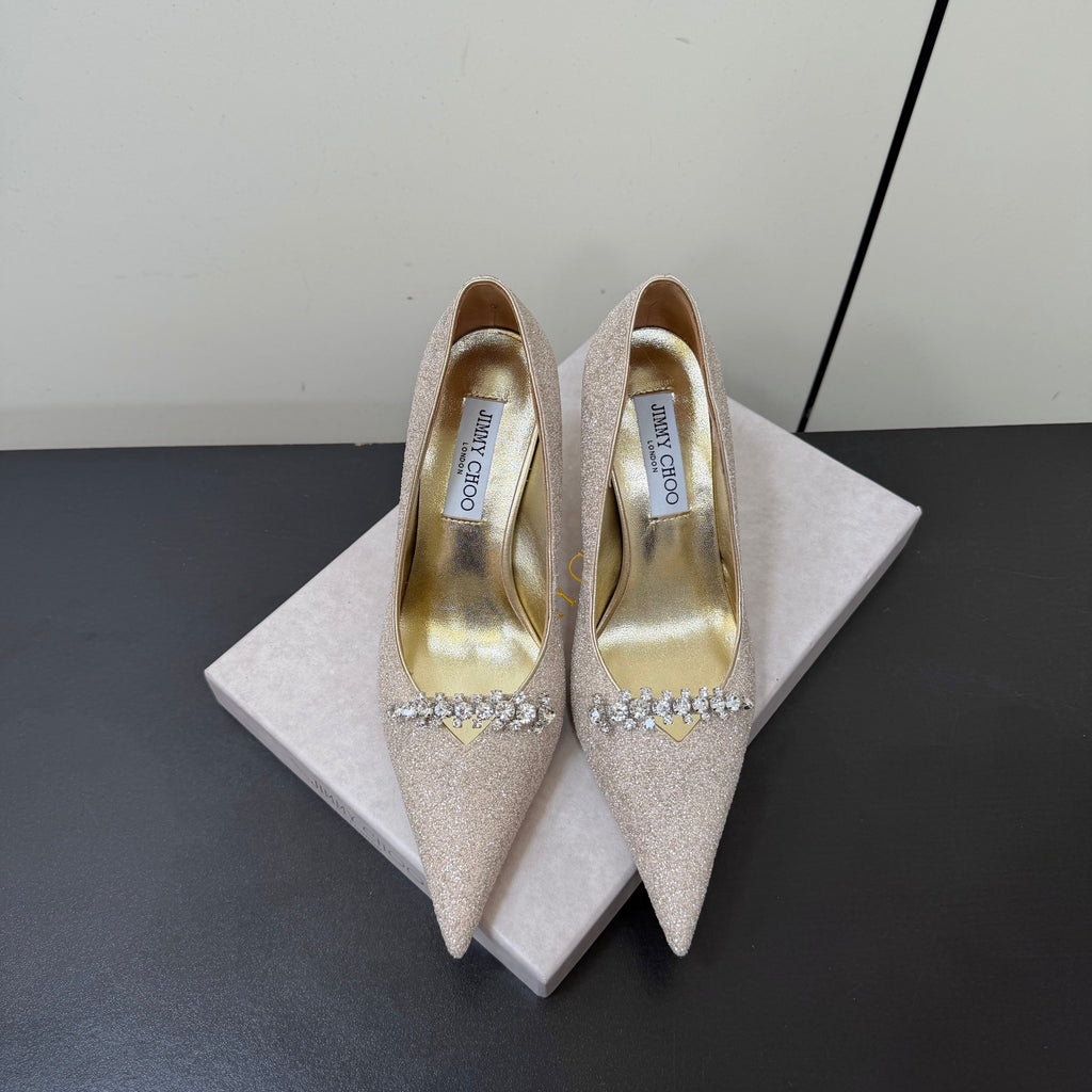 JIMMY CHOO 26S EMBELLISHED HIGH HEELS 90 MM IN CHAMPAGNE GOLD GLITTER