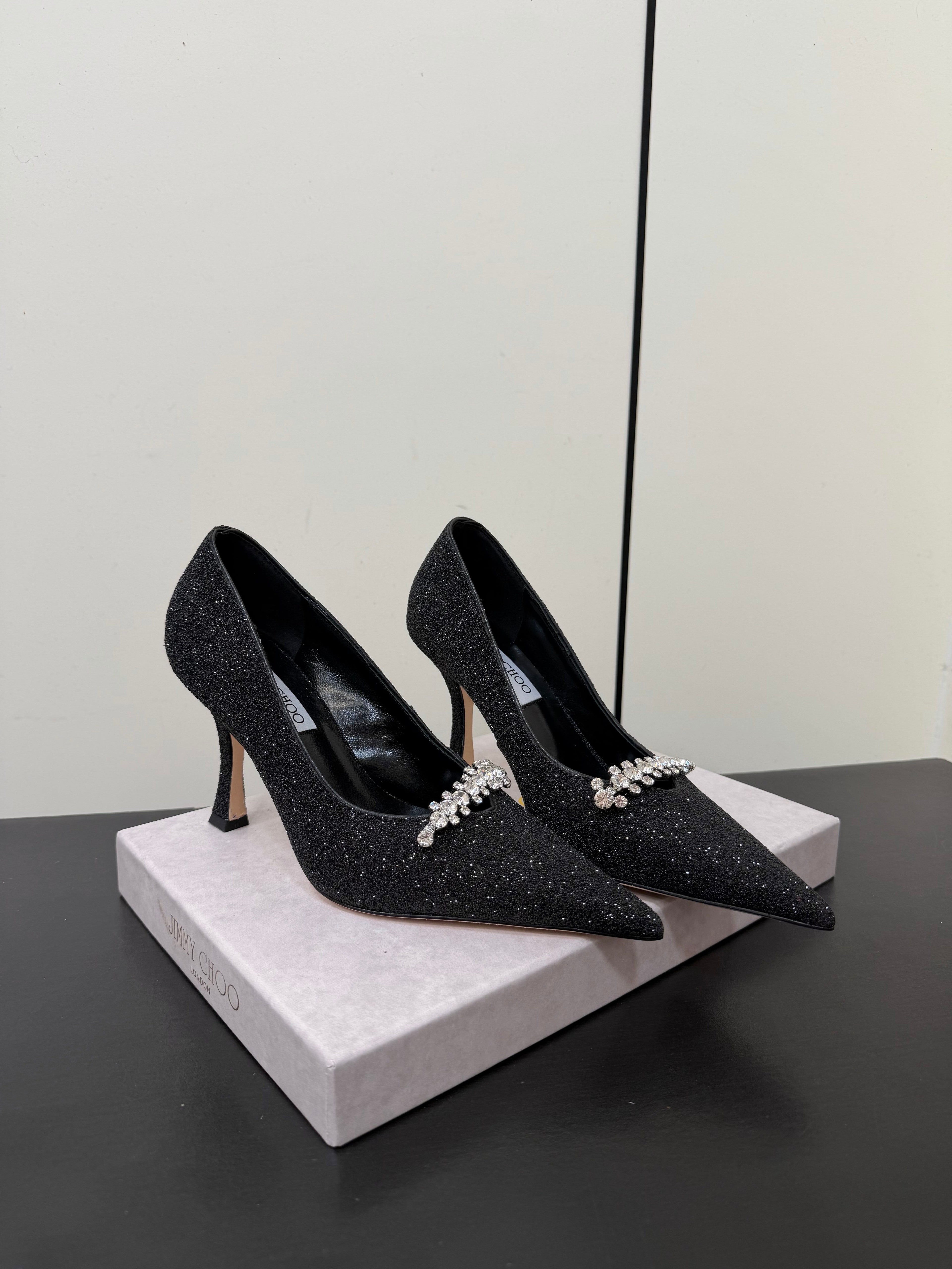JIMMY CHOO 26S EMBELLISHED HIGH HEELS 90 MM IN BLACK GLITTER