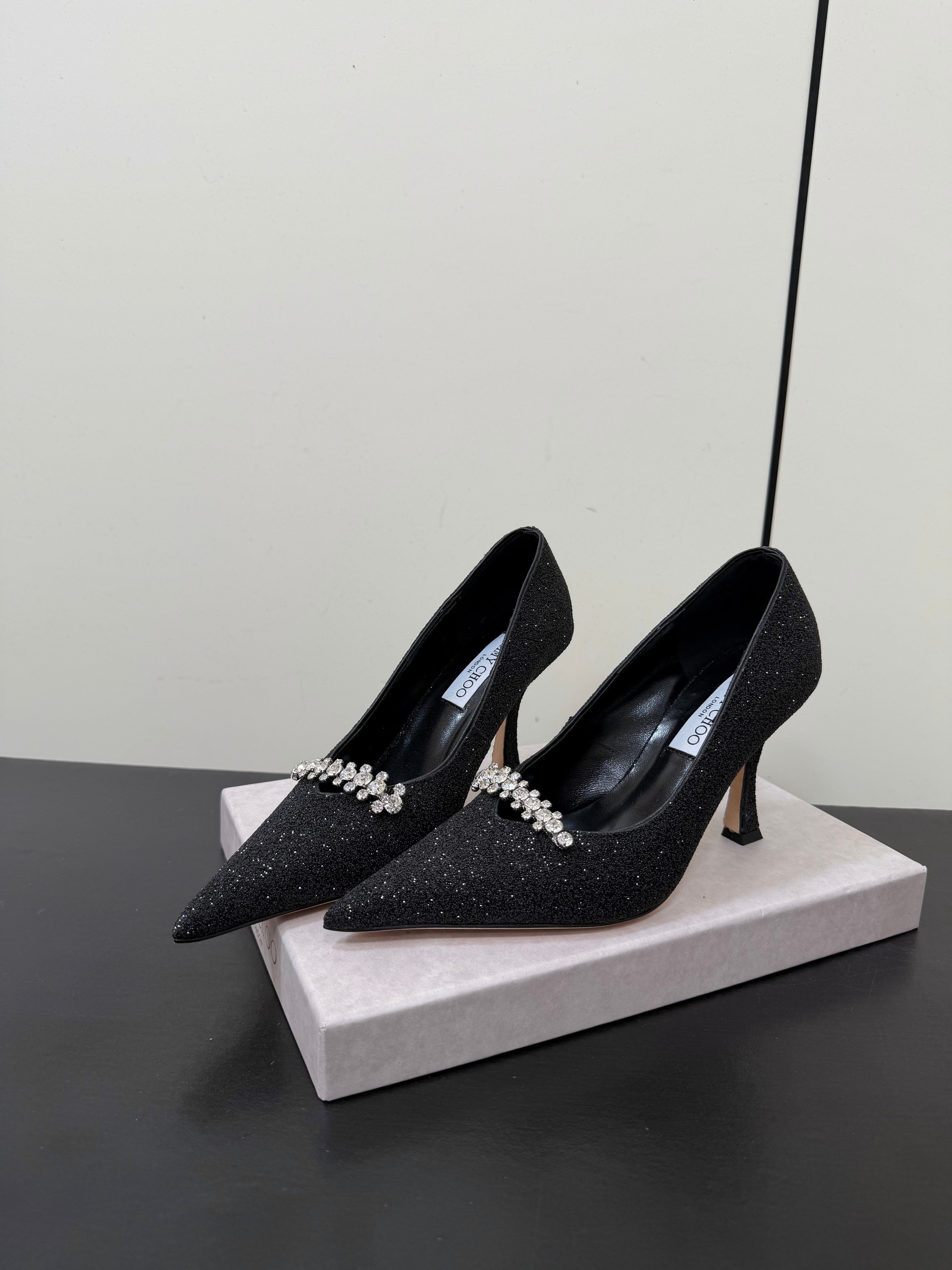 JIMMY CHOO 26S EMBELLISHED HIGH HEELS 90 MM IN BLACK GLITTER