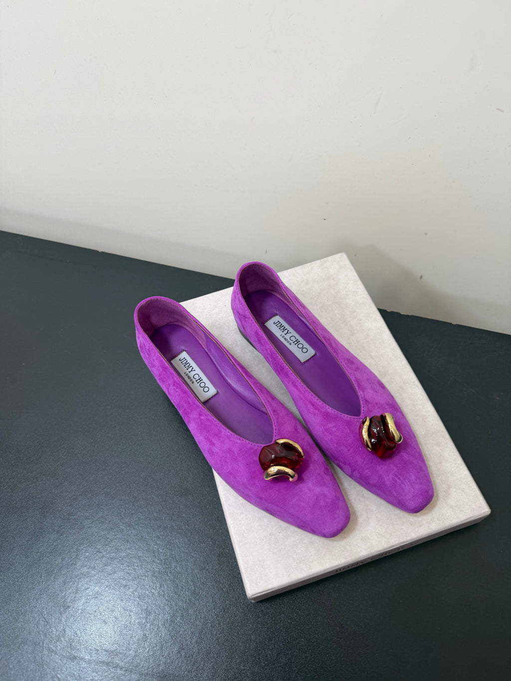 JIMMY CHOO 26S BALLET FLATS IN DARK PURPLE SUEDE