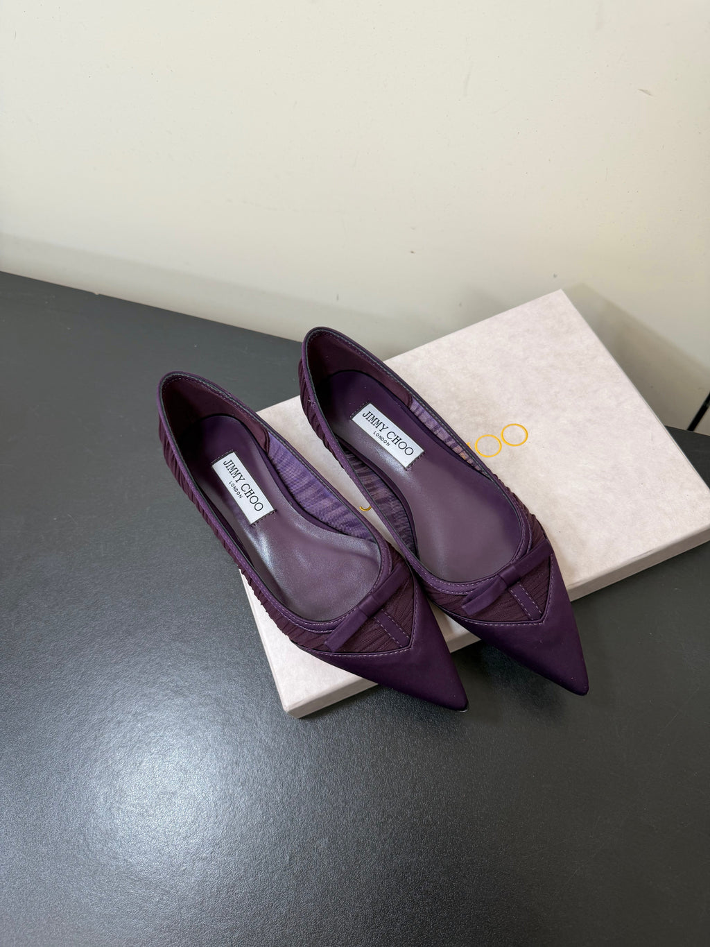 JIMMY CHOO 26S POINTED-TOE FLATS IN DARK PURPLE SATIN