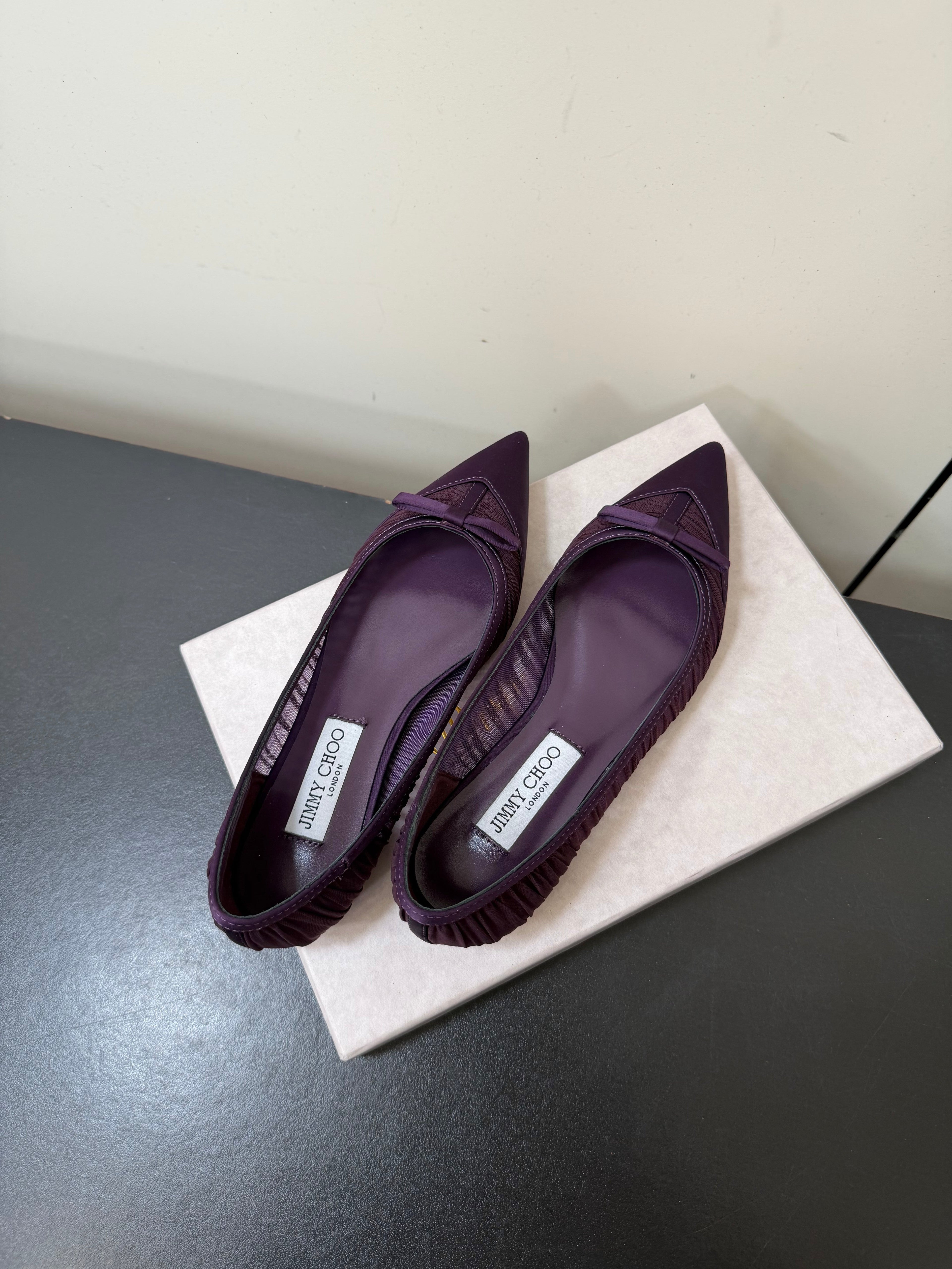 JIMMY CHOO 26S POINTED-TOE FLATS IN DARK PURPLE SATIN