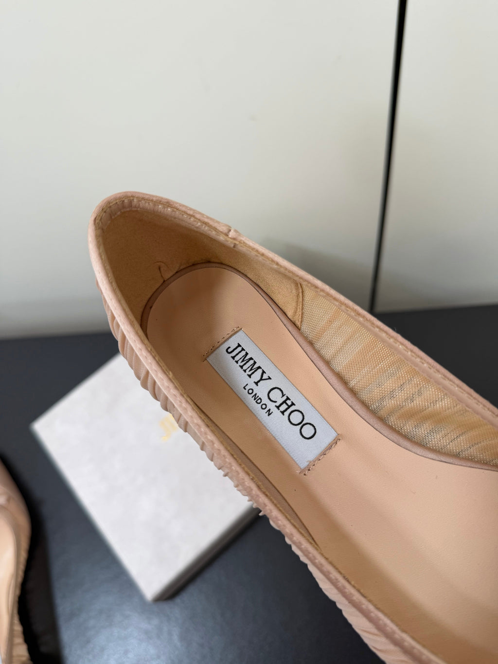 JIMMY CHOO 26S POINTED-TOE FLATS IN NUDE SATIN