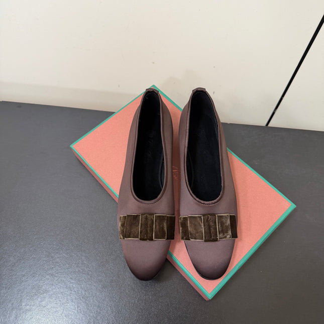 LP 26S BOW BALLET FLATS IN DARK BROWN SATIN AND VELVET