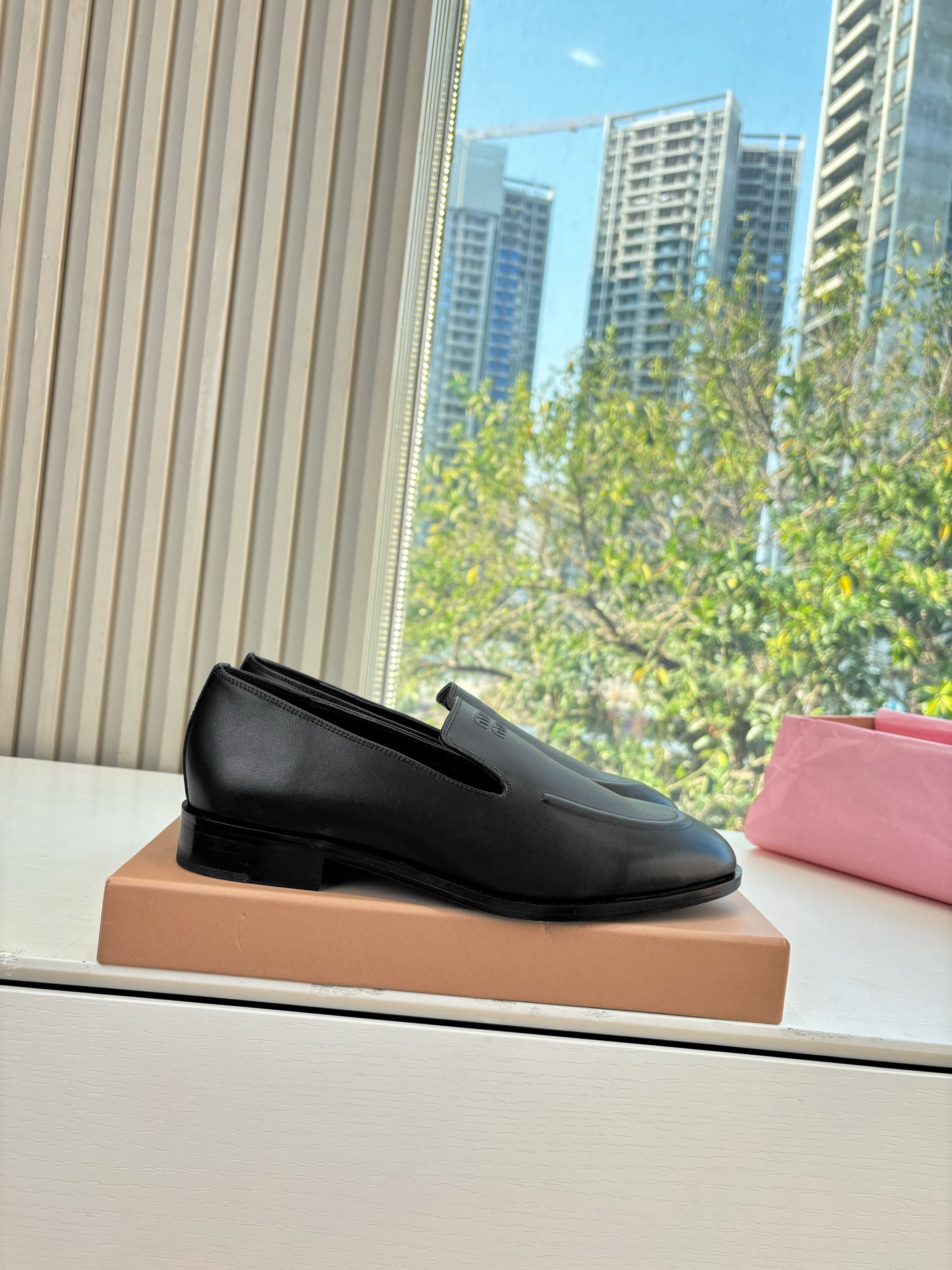 MIUMIU 26S LOAFERS IN BLACK LAMBSKIN