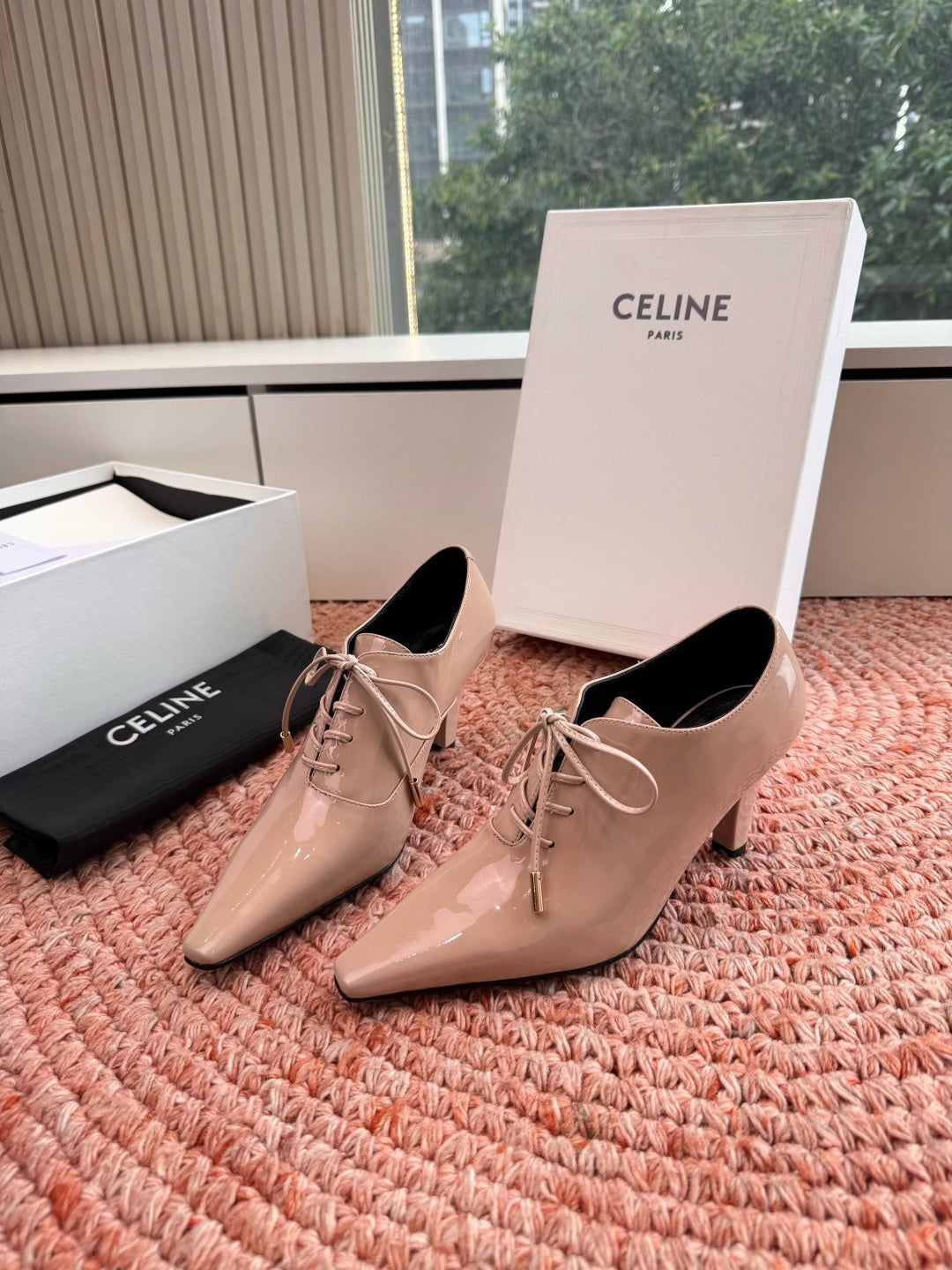 CELINE 26S LACE UP POINTED TOE PUMPS IN BLUSH NUDE PATENT CALFSKIN