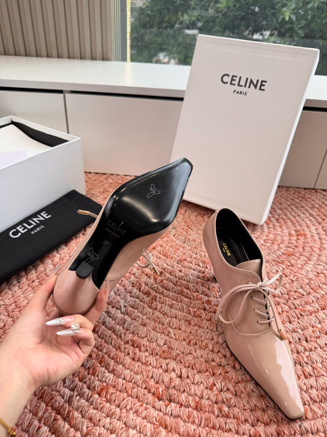 CELINE 26S LACE UP POINTED TOE PUMPS IN BLUSH NUDE PATENT CALFSKIN