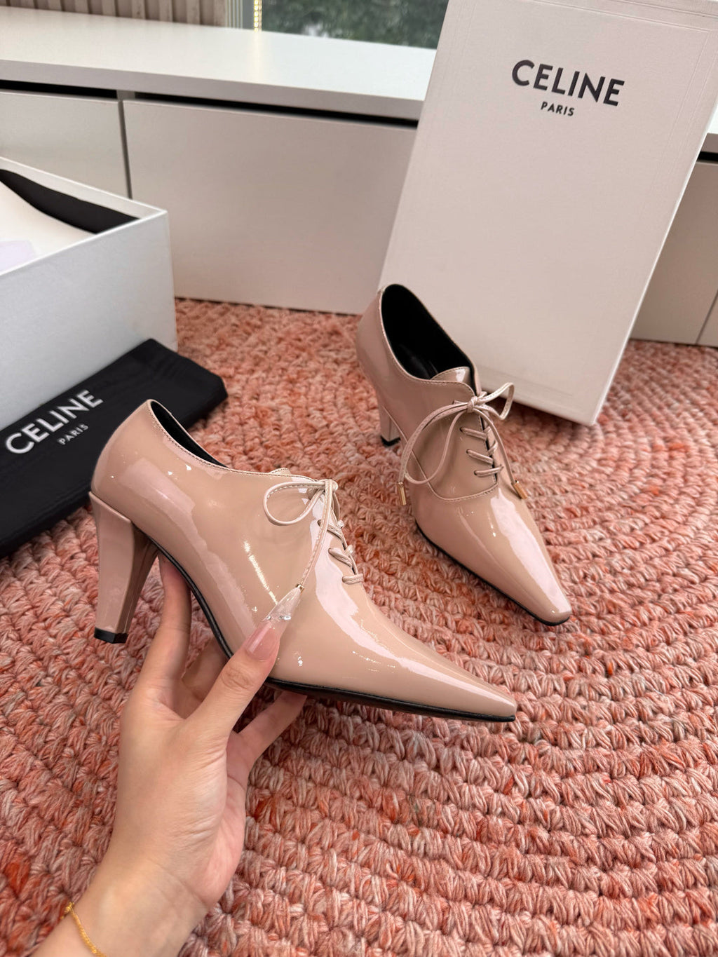 CELINE 26S LACE UP POINTED TOE PUMPS IN BLUSH NUDE PATENT CALFSKIN